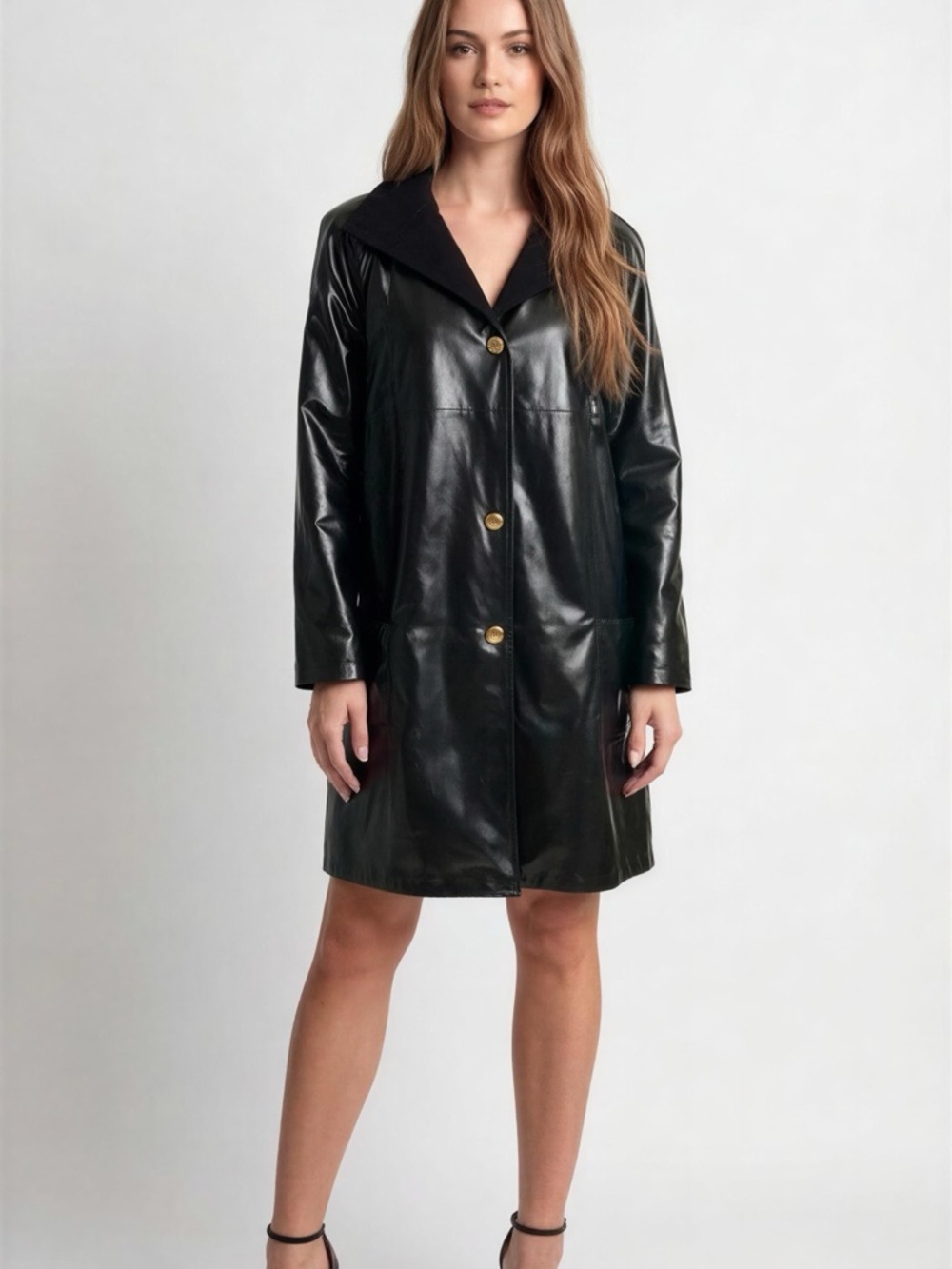 Pierrette B Woman's Coat Size 8 USA Made in Switzerland Shiny Black - Picture 2 of 14